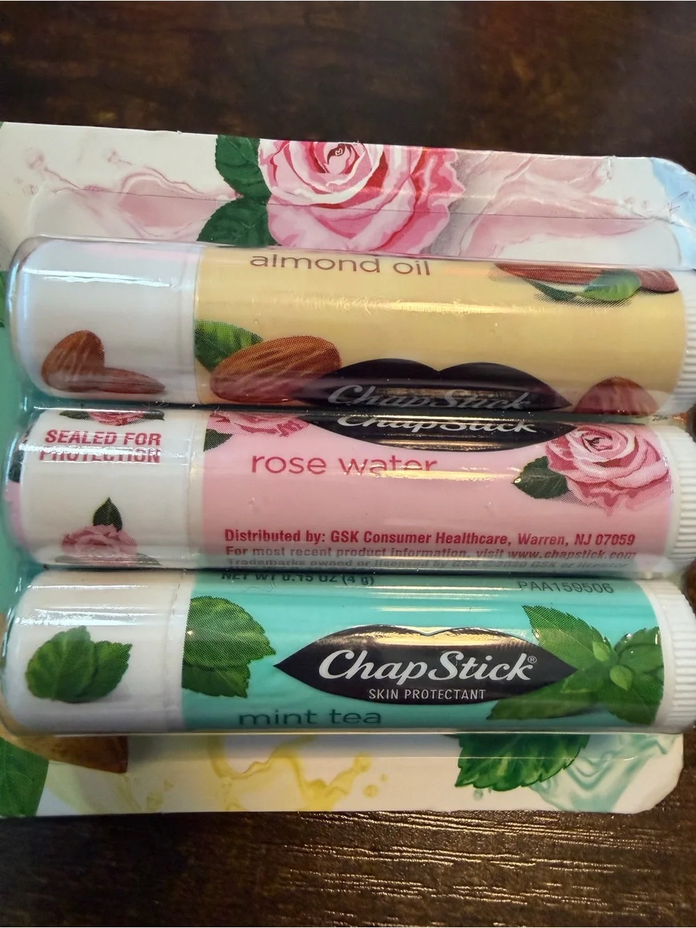 ChapStick Spa Collection Lip Balm Trio — Mint Tea, Rose Water, and Almond Oil.